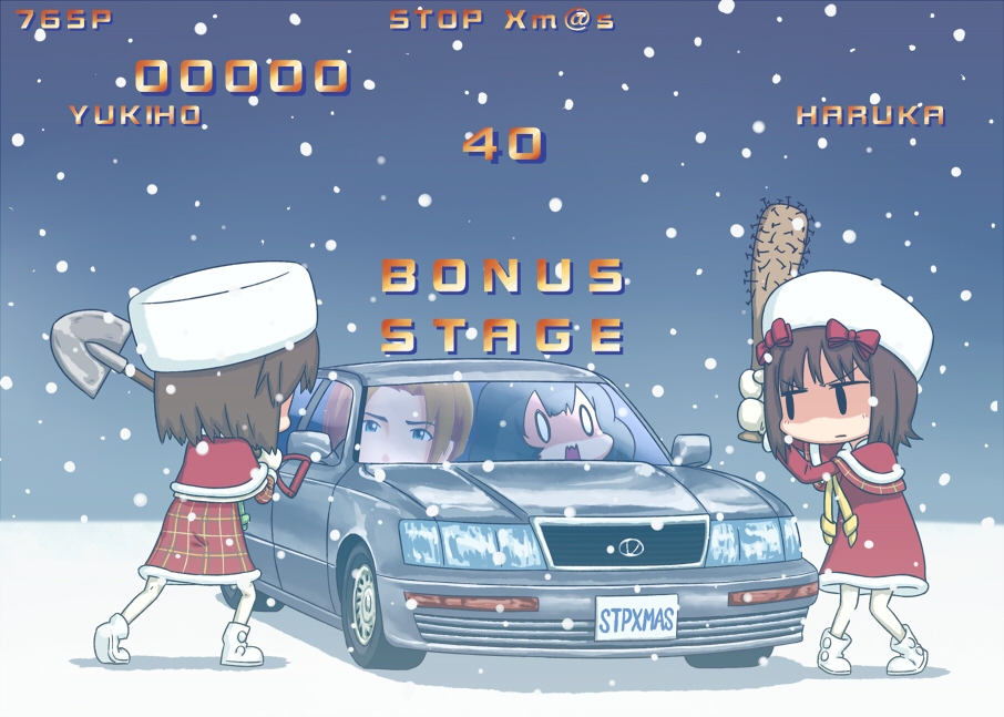 2boys, 2girls, akizuki_ryo, amami_haruka, angry, baseball_bat, boots, bow, capcom, car, dress, fake_screenshot, final_fight, hagiwara_yukiho, hair_bow, hat, idolmaster, idolmaster_(classic), idolmaster_dearly_stars, lexus, lexus_ls400, motor_vehicle, multiple_boys, multiple_girls, nail_(hardware), nail_bat, open_mouth, pantyhose, parody, puton, scared, short_hair, shovel, snow, street_fighter, takeda_souichi, toyota, toyota_celsior, vehicle_focus, weapon, white_legwear, winter, worktool