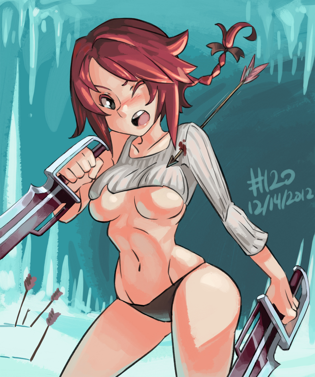 1girl, 2012, arrow_(projectile), asymmetrical_clothes, black_eyes, black_panties, blood, blush, bow, braid, breasts, contrapposto, crop_top, dated, dual_wielding, female_focus, hair_bow, hair_ribbon, highres, hip_focus, holding, injury, junkpuyo, large_breasts, long_hair, lowleg, lowleg_panties, mabinogi, mabinogi_heroes, navel, open_mouth, panties, ponytail, red_hair, reverse_grip, ribbon, short_hair, short_sword, single_braid, skindentation, snow, solo, standing, sword, underboob, underwear, vella_(mabinogi), weapon, wince