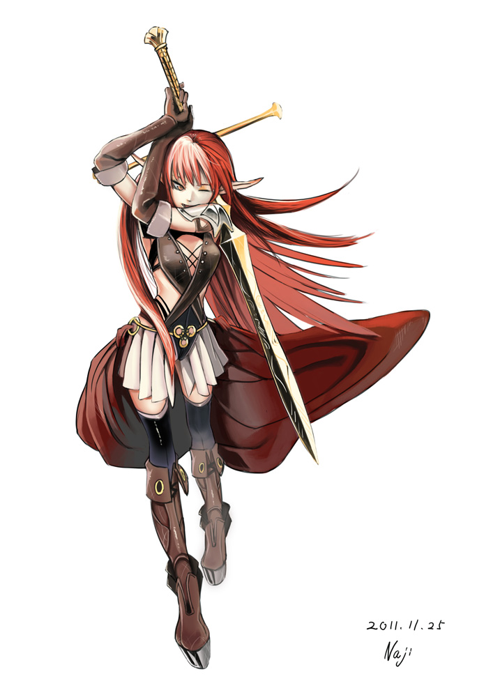 1girl, ;), bad_id, bad_pixiv_id, black_thighhighs, dated, elbow_gloves, elf