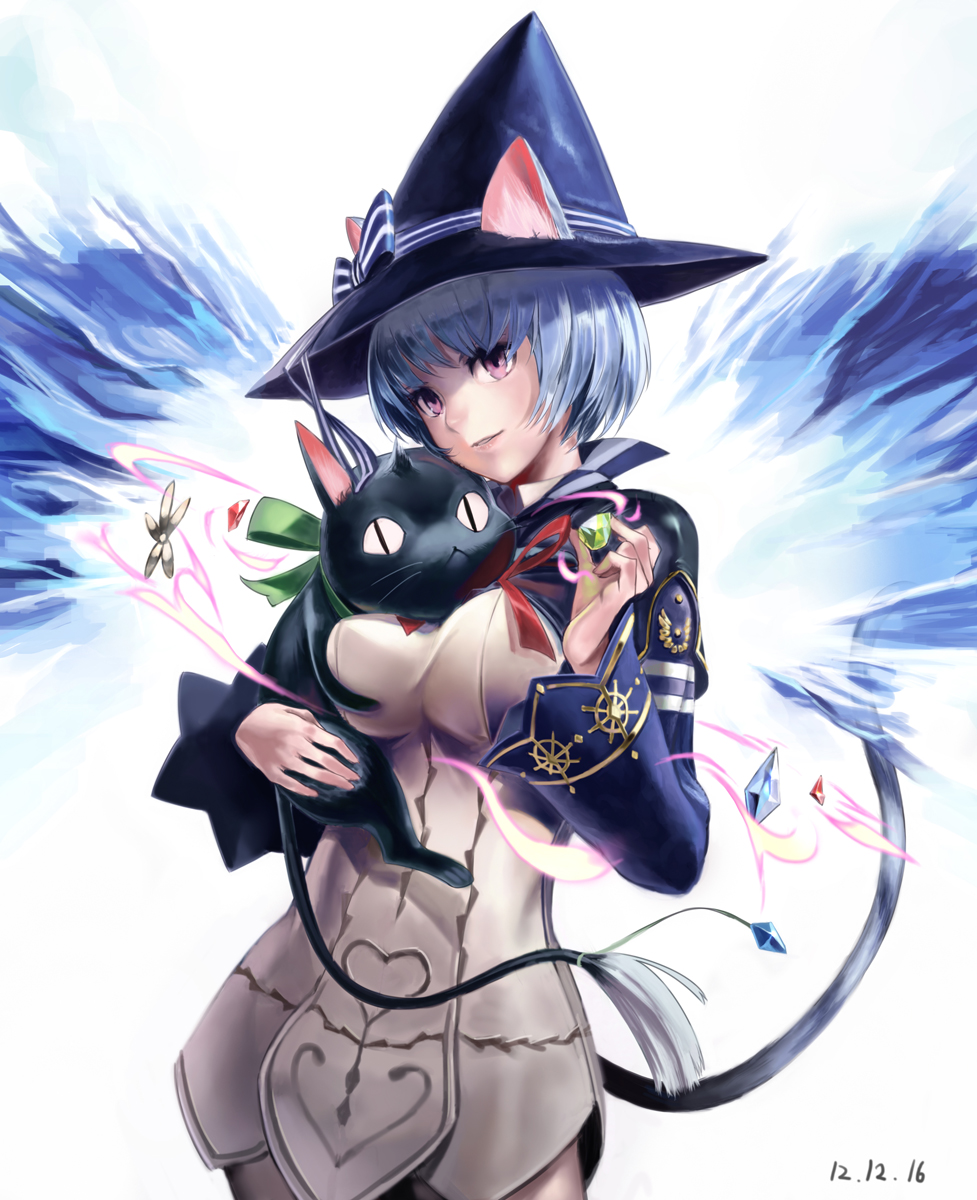 1girl, :<, animal_ears, bad_id, bad_pixiv_id, blue_hair, cat, cat_ears