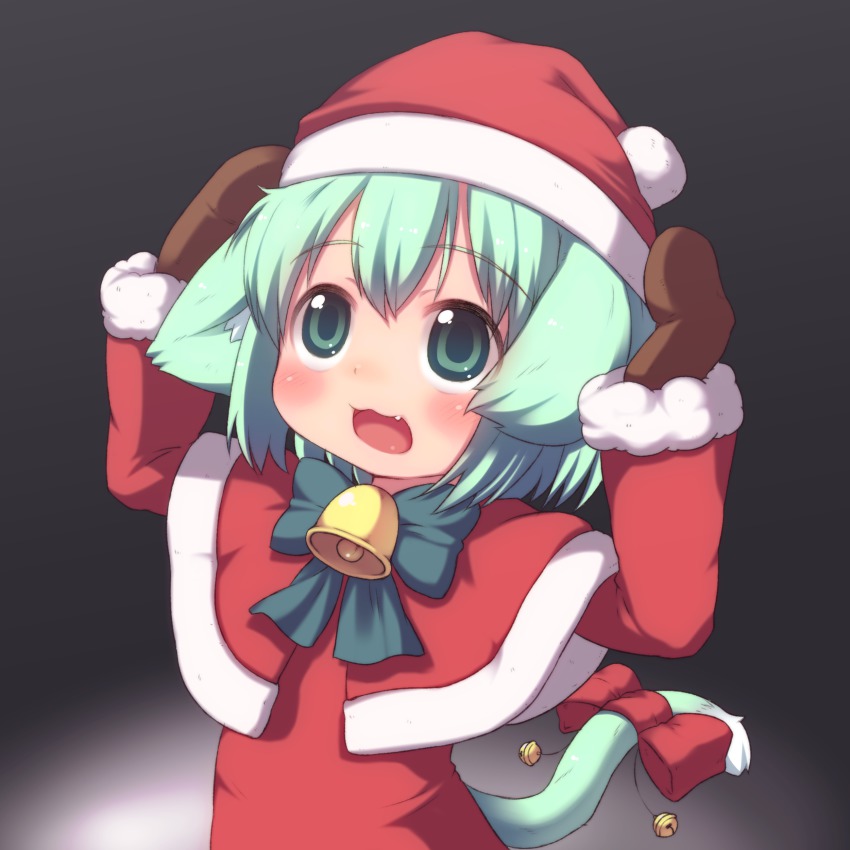 1girl, :d, absurdres, animal_ears, aqua_eyes, aqua_hair, bell, blush