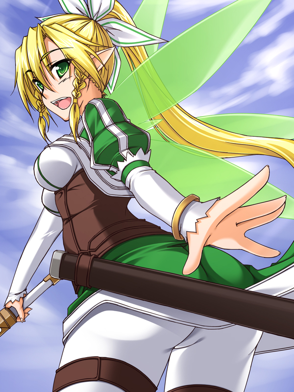 10s, 1girl, ass, blonde_hair, braid, female_focus, green_eyes, leafa_(sao), long_hair, oukasirayami, pointy_ears, ponytail, side_braid, solo, sword_art_online, transparent_wings, twin_braids, wings
