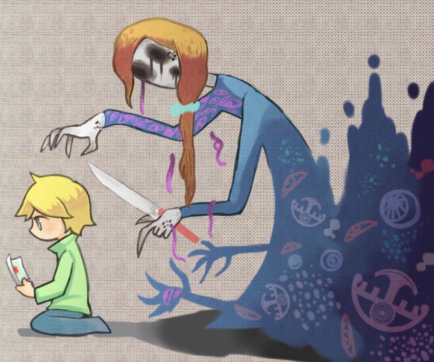 1boy, a_(nostalgic), black_eyes, blonde_hair, blue_eyes, brown_hair, hair_ornament, knife