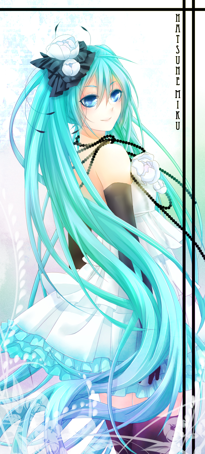 aqua_hair, blue_eyes, elbow_gloves, flower, gloves, hair_flower, hair_ornament, hatsune_miku