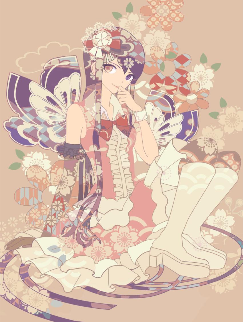 10s, 1girl, black_hair, blue_eyes, boots, bourbone, bow, brown_eyes