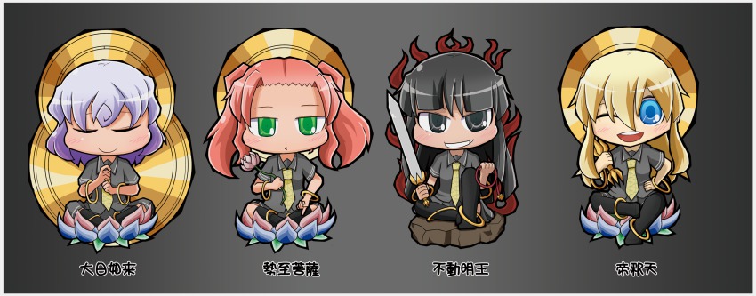 4girls, acala, black_eyes, black_hair, black_legwear, blonde_hair, blue_eyes, bodhyangi_mudra