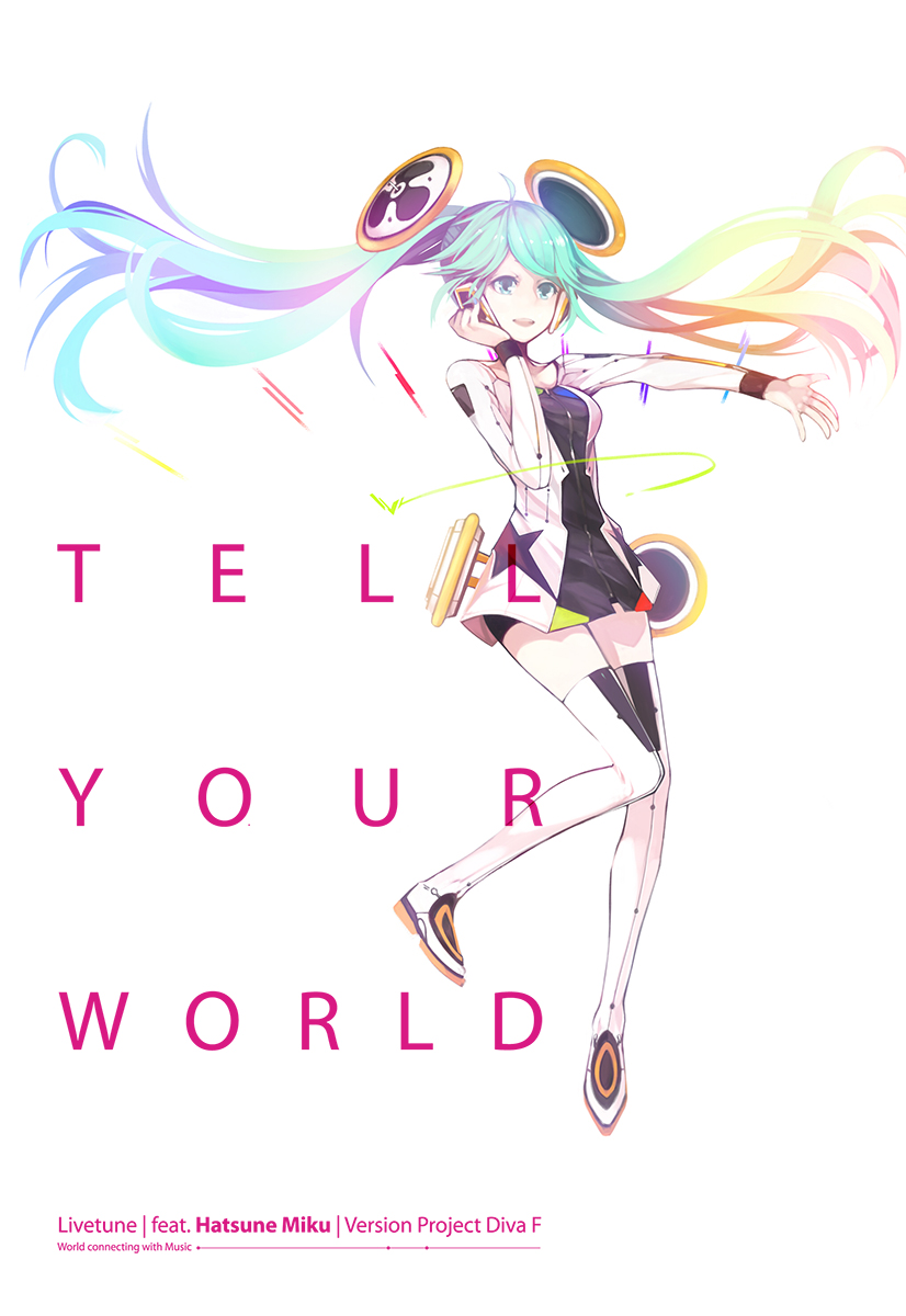 1girl, boots, character_name, copyright_name, dress, eskimofox, female_focus, floating_hair, green_eyes, green_hair, hatsune_miku, hatsune_miku_(linkage), highres, long_hair, matching_hair/eyes, outstretched_arm, project_diva_(series), project_diva_f, simple_background, solo, tell_your_world_(vocaloid), thigh_boots, thighhighs, twintails, very_long_hair, vocaloid, white_background