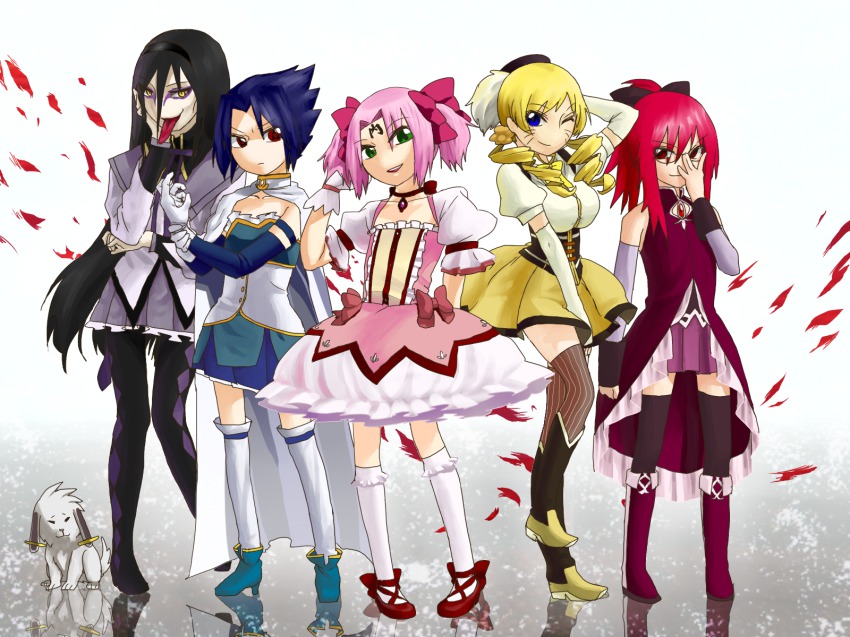 5girls, :p, adjusting_eyewear, akamaru_(naruto), akemi_homura, akemi_homura_(cosplay), akemi_homura_(magical_girl), akimi_(adexi)