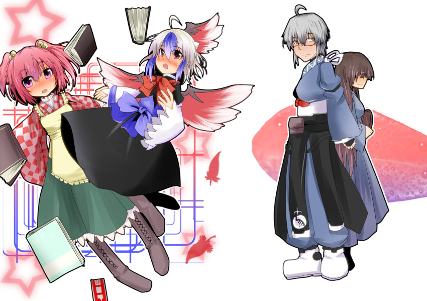 1boy, 3girls, apron, bell, blue_hair, blush, boots, checkered_clothes