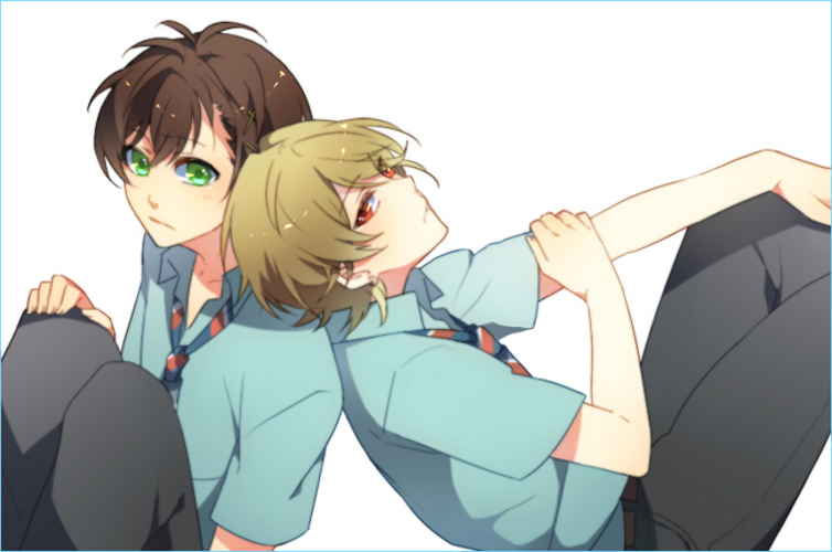 10s, 2boys, blonde_hair, brown_hair, couple, fuwa_mahiro, green_eyes, male_focus