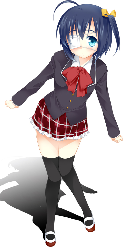 10s, 1girl, ahoge, black_hair, black_thighhighs, blazer, blue_eyes, blush, bow, chuunibyou_demo_koi_ga_shitai!, eyepatch, female_focus, frilled_skirt, frills, full_body, hair_bow, jacket, looking_at_viewer, one_side_up, plaid_clothes, plaid_skirt, school_uniform, shadow, shiratama, shiratama_yomogi, shoes, short_hair, side_ponytail, skirt, solo, takanashi_rikka, thighhighs, uwabaki, white_background