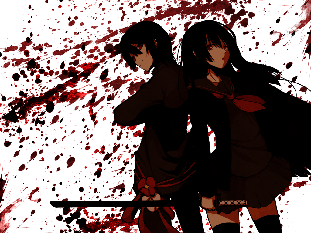 1boy, 1girl, blood, borrowed_character, kuromiya, long_hair, looking_at_viewer, okita_tsubaki, original, pixiv_no_ankokugai, school_uniform, serafuku, sword, weapon