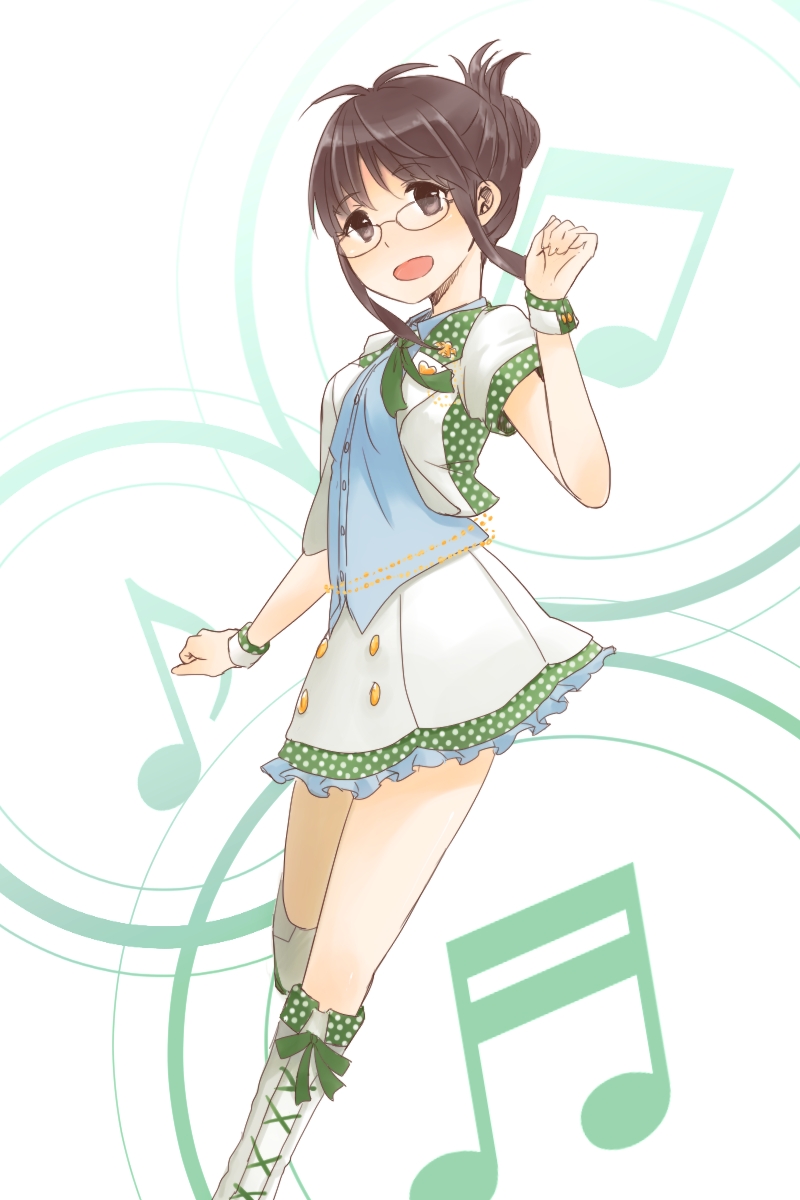 10s, 1girl, :d, akizuki_ritsuko, bisuke_(bisco), boots, brown_eyes, brown_hair