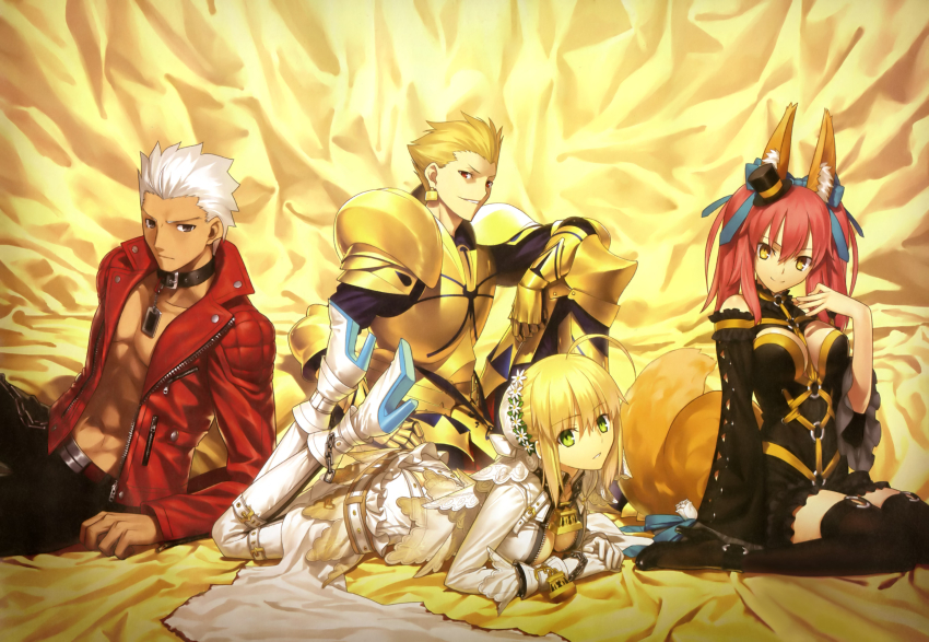 10s, 2boys, 2girls, absurdres, ahoge, animal_ears, archer_(cool_and_wild)_(fate), archer_(fate), armor, bare_shoulders, belt, black_legwear, blonde_hair, bodysuit, breastplate, breasts, center_opening, chain, choker, detached_sleeves, earrings, fate/extra, fate/extra_ccc, fate_(series), fox_ears, fox_tail, gauntlets, gilgamesh_(fate), greaves, green_eyes, grey_eyes, hair_ribbon, hat, high_heels, highres, jacket, jewelry, large_breasts, leather, leather_jacket, lock, lock_earrings, long_hair, lying, mini_hat, mini_top_hat, multiple_boys, multiple_girls, nero_claudius_(bride)_(fate), nero_claudius_(fate), official_alternate_costume, official_art, on_stomach, padlock, pants, parted_lips, pauldrons, pink_hair, red_eyes, red_jacket, ribbon, shoes, short_hair, shoulder_armor, sitting, smile, tail, takeuchi_takashi, tamamo_no_mae_(fate), tamamo_no_mae_(sable_mage)_(fate), thighhighs, top_hat, veil, wariza, white_hair, yellow_eyes