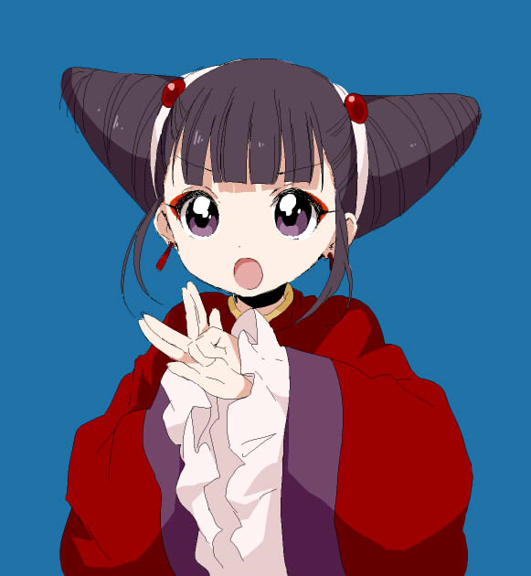 1990s_(style), 1girl, :o, asuka_(magic_knight_rayearth), asuka_(rayearth), blue_background, cone_hair_bun, female_focus, hair_bun, magic_knight_rayearth, namori, open_mouth, purple_eyes, retro_artstyle, simple_background, solo