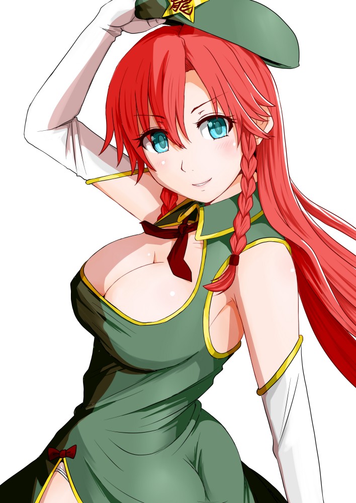 1girl, adjusting_clothes, adjusting_headwear, armpits, ass, bare_shoulders, blue_eyes, braid, breasts, china_dress, chinese_clothes, cleavage, cleavage_cutout, clothing_cutout, dress, elbow_gloves, female_focus, gloves, hat, hong_meiling, jouzaburou_(joe3), large_breasts, long_hair, looking_back, red_hair, side_slit, smile, solo, star_(symbol), touhou, twin_braids, white_background