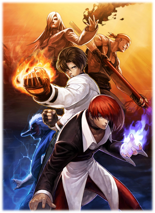5boys, bandana, billy_kane, blue_fire, choker, fatal_fury, fighting_stance, fingerless_gloves, fire, gloves, hair_over_one_eye, king_of_fighters_xiii, kusanagi_kyou, long_hair, long_nose, male_focus, mask, mr._karate, multiple_boys, muscular, official_art, ogura_eisuke, pants, polearm, purple_fire, pyrokinesis, red_hair, red_pants, ryuuko_no_ken, saiki_(kof), short_hair, snk, tengu_mask, the_king_of_fighters, the_king_of_fighters_xiii, weapon, white_hair, yagami_iori