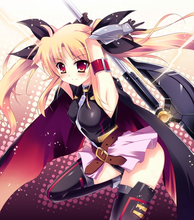 1girl, armpits, arms_up, bad_id, bad_pixiv_id, bardiche_(bullova_form)_(nanoha), bardiche_(nanoha), belt, blonde_hair, blush, breasts, buckle, cape, electricity, fate_testarossa, fate_testarossa_(lightning_form)_(2nd), female_focus, gauntlets, gloves, leotard, long_hair, lyrical_nanoha, mahou_shoujo_lyrical_nanoha, mahou_shoujo_lyrical_nanoha_a's, mahou_shoujo_lyrical_nanoha_the_movie_2nd_a's, medium_breasts, raiou, red_eyes, scythe, skirt, smile, solo, thighhighs