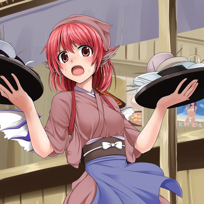 1girl, animal_ears, apron, blush, brown_headscarf, cowboy_shot, earrings, female_focus