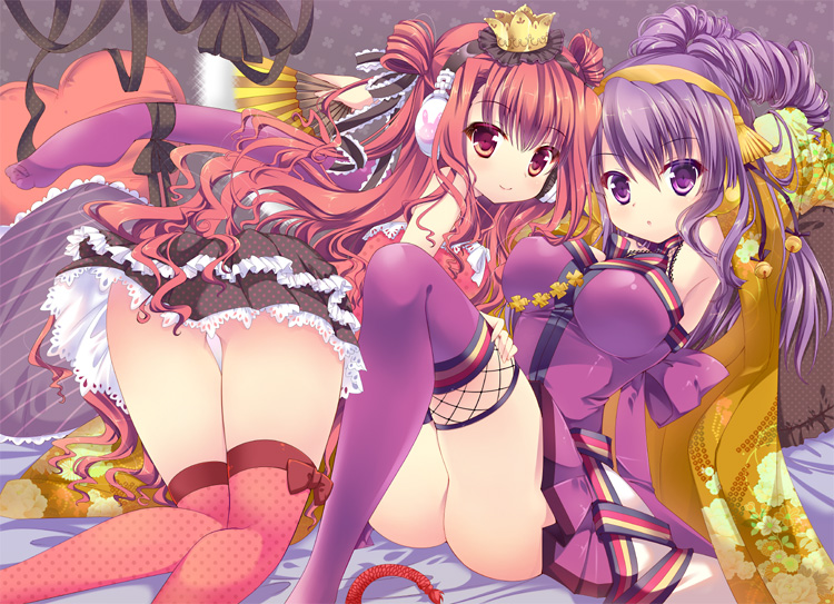 2girls, :o, ankle_ribbon, arm_up, armpits, beatmania_iidx, beatmania_iidx_14_gold, beatmania_iidx_16_empress