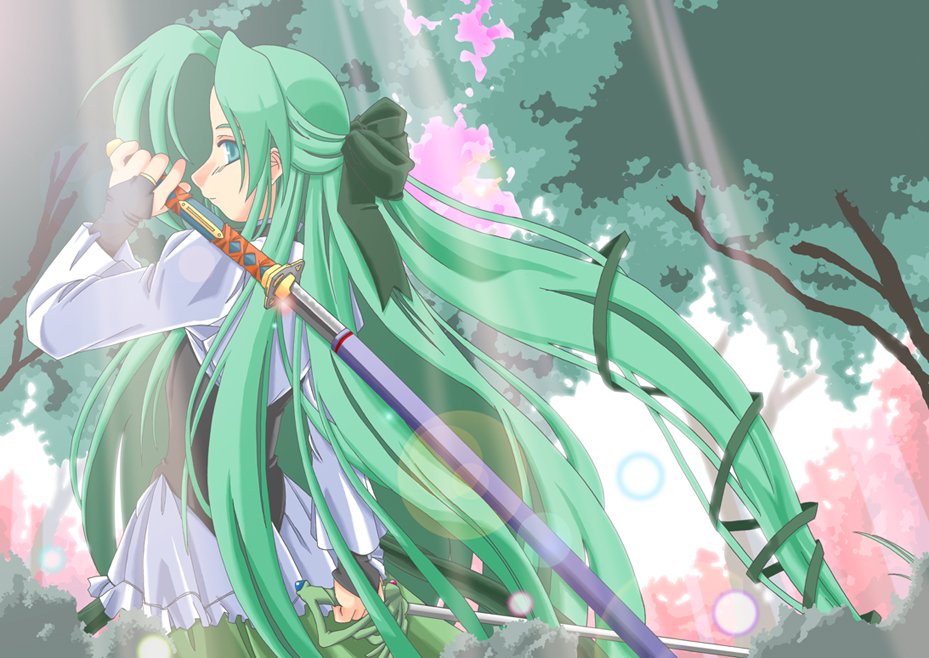 1girl, female_focus, fia_(riviera), green_hair, hair_ribbon, half_updo, katana, long_hair