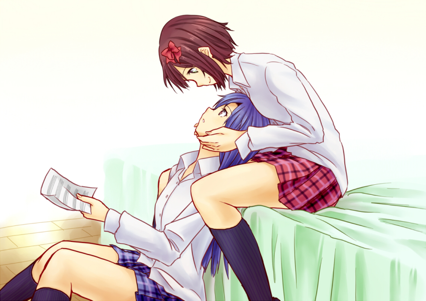 2girls, amami_haruka, bad_id, bad_pixiv_id, bed, blue_hair, blush, breasts, brown_eyes, brown_hair, green_eyes, hands_on_another's_face, idolmaster, idolmaster_(classic), kisaragi_chihaya, konnyaku_kyuudai, long_hair, looking_at_another, looking_down, looking_up, multiple_girls, open_mouth, school_uniform, sheet_music, short_hair, sitting, skirt, smile, yuri