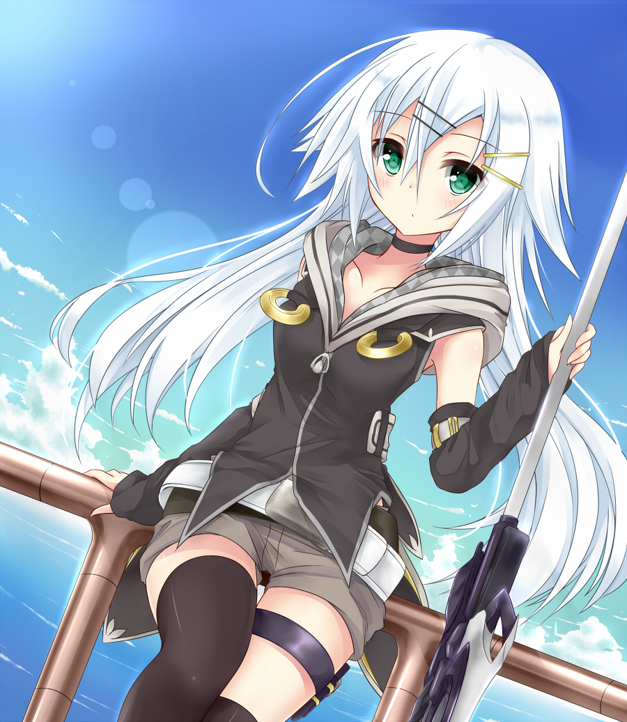 1girl, belt, black_thighhighs, chabaneko, collarbone, day, detached_sleeves, dutch_angle, female_focus, green_eyes, hair_between_eyes, holster, hood, hood_down, hoodie, long_hair, looking_at_viewer, ocean, original, outdoors, polearm, railing, shifiru_(chabaneko), shirokami_gakuen, short_shorts, shorts, sitting, sky, solo, spear, tarutaru22, thighhighs, water, weapon, white_hair
