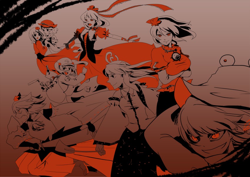 6+girls, aki_minoriko, aki_shizuha, animal_ears, arm_ribbon, backpack, bag, bow