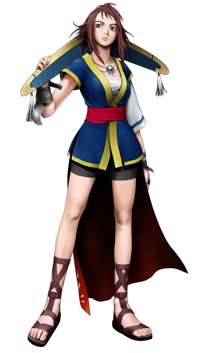 1girl, 3d, ankle_lace-up, arc_the_lad, arc_the_lad_generation, arc_the_lad_twilight_of_the_spirits, boomerang, breasts, dress, feet, female_focus, gladiator_sandals, highres, kirika_(kirika1677), kojima_ayami, kunisue_ryuichi, lilia_(arc_the_lad), official_art, sandals, solo, standing, white_background