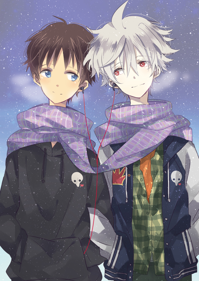 2boys, bad_id, bad_pixiv_id, blue_eyes, brown_hair, casual, earphones, hood