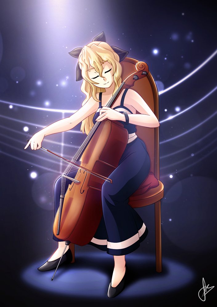 10s, 1girl, bare_shoulders, blind, blonde_hair, bow, cello, closed_eyes