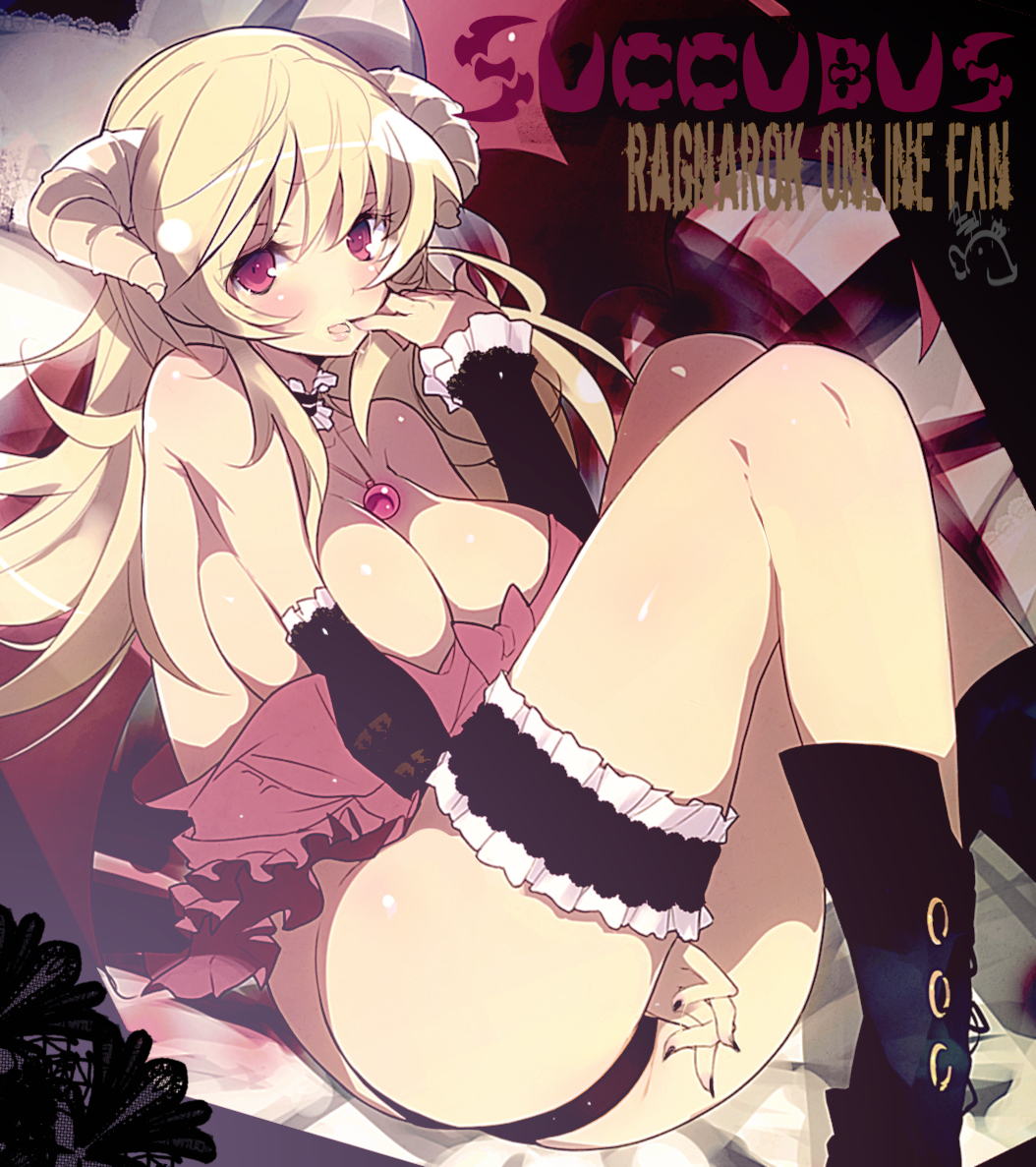 1girl, bare_shoulders, black_panties, blonde_hair, blush, boots, breasts, character_name, collarbone, copyright_name, female_focus, horns, huge_breasts, jewelry, kaede_(sayappa), large_breasts, frilled_thigh_strap, legs, long_hair, long_legs, looking_at_viewer, necklace, panties, ragnarok_online, red_eyes, solo, succubus_(ragnarok_online), thigh_strap, thighs, underwear