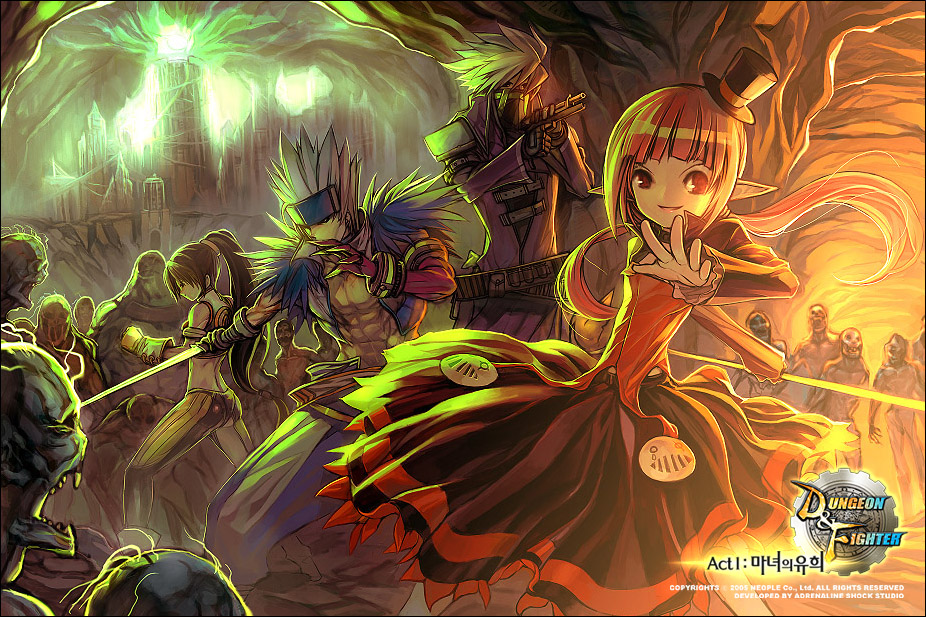 00s, 2boys, 2girls, cocking_gun, dungeon_and_fighter, female_fighter_(dungeon_and_fighter), female_mage_(dungeon_and_fighter), ghost_knight_(dungeon_and_fighter), gun, handgun, hat, korean_text, male_gunner_(dungeon_and_fighter), male_slayer_(dungeon_and_fighter), monster, multiple_boys, multiple_girls, pistol, pointy_ears, ress, sword, warrior, weapon, wizard