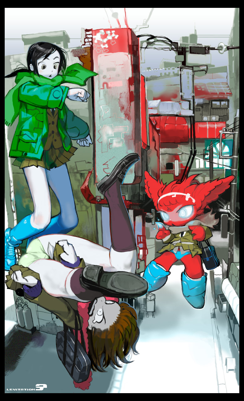 floating, highres, kawaguchi_youhei, original, panties, red_unknown, top-down_bottom-up, underwear, urban