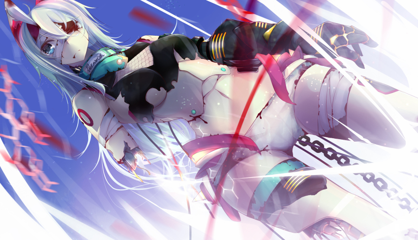 1girl, amputee, android, bad_id, bad_pixiv_id, bandages, benio_(dontsugel), blood