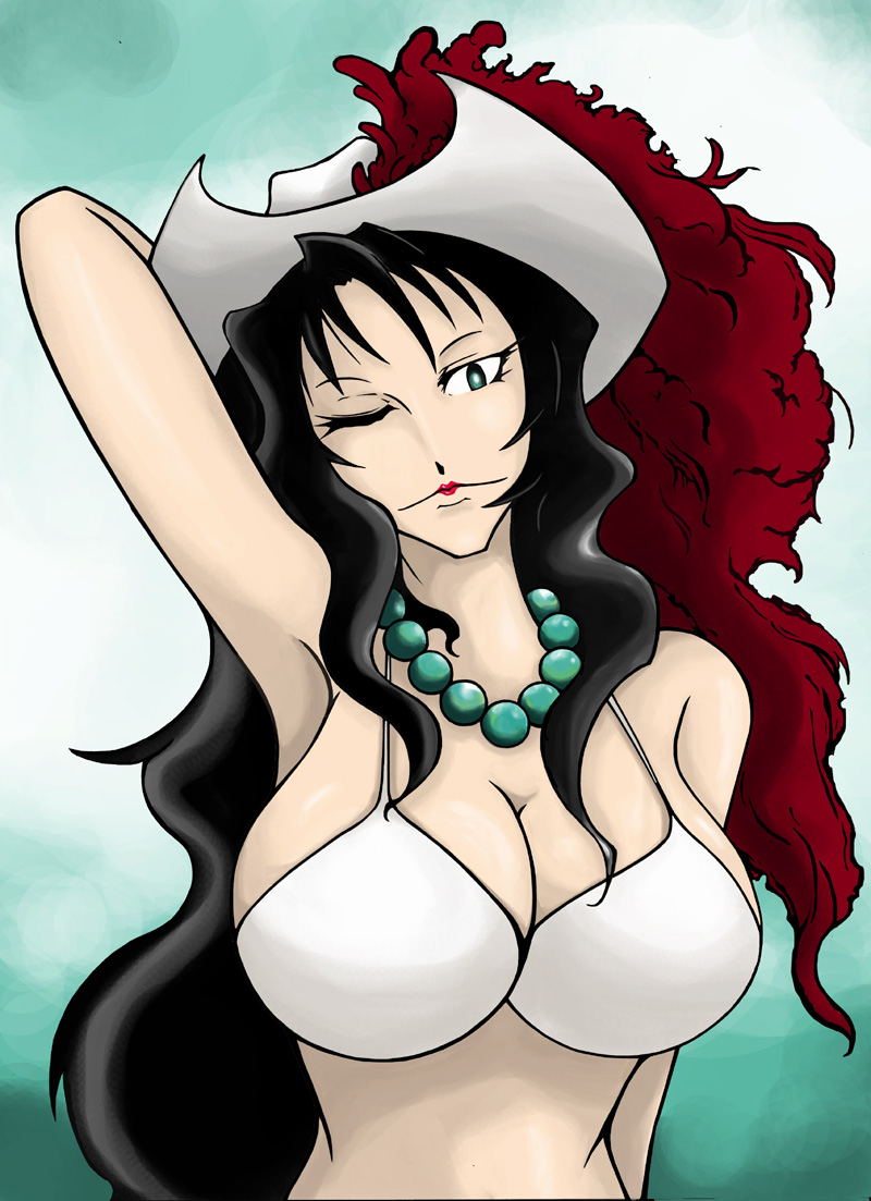 1girl, alvida_(one_piece), aqua_eyes, bikini, bikini_top_only, black_hair, breasts, cleavage, cowboy_hat, east_blue, female_focus, green_eyes, hat, hat_ornament, huge_breasts, jewelry, large_breasts, lipstick, long_hair, makeup, midriff, momoiro_afuru, necklace, one_eye_closed, one_piece, pearl_necklace, sideboob, solo, swimsuit, upper_body