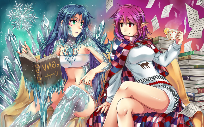 2girls, bandeau, blue_hair, book, cape, crossed_legs, cup, facial_mark