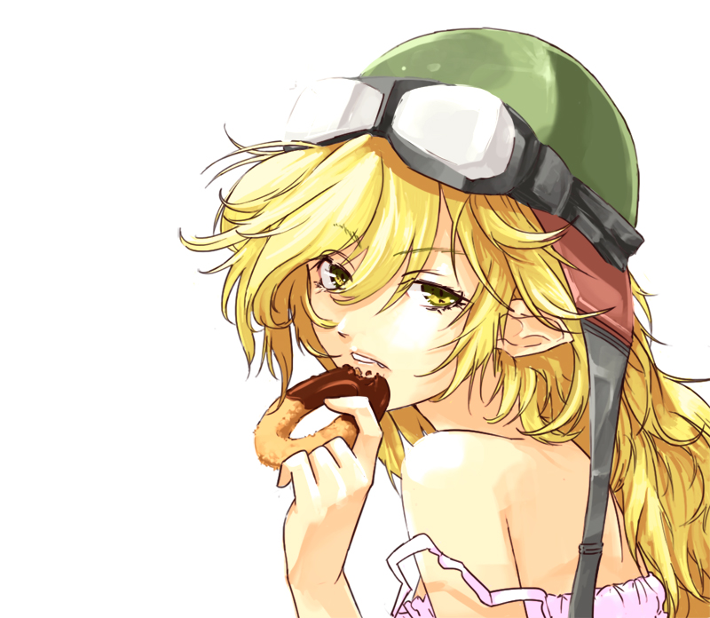 1girl, bad_id, bad_pixiv_id, bare_shoulders, blonde_hair, donut, female_focus, food, goggles, helmet, long_hair, monogatari_(series), my400ml, oshino_shinobu, pointy_ears, solo, strap_slip, yellow_eyes
