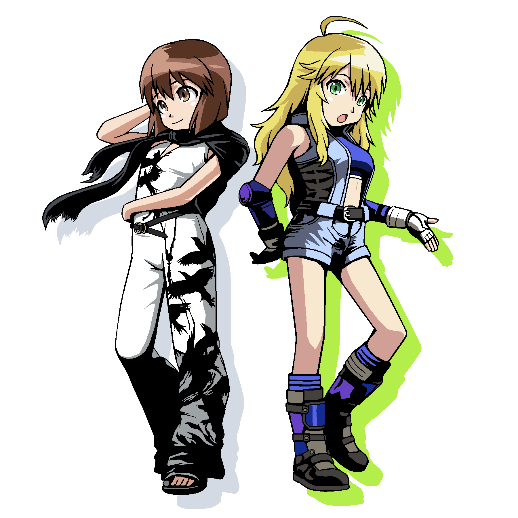 2girls, ahoge, belt, blonde_hair, bob_cut, bodysuit, boots, brown_eyes, brown_hair, company_connection, cosplay, elbow_gloves, fingerless_gloves, gloves, green_eyes, hagiwara_yukiho, highres, hoshii_miki, idolmaster, idolmaster_(classic), kazama_asuka, kazama_asuka_(cosplay), kazama_jun, kazama_jun_(cosplay), long_hair, microsoft_paint_(medium), mspaint, multiple_girls, namco, sandals, short_hair, short_jumpsuit, shorts, sidelocks, tekken, tied_sweater, toeless_legwear, toes, tomonotomono