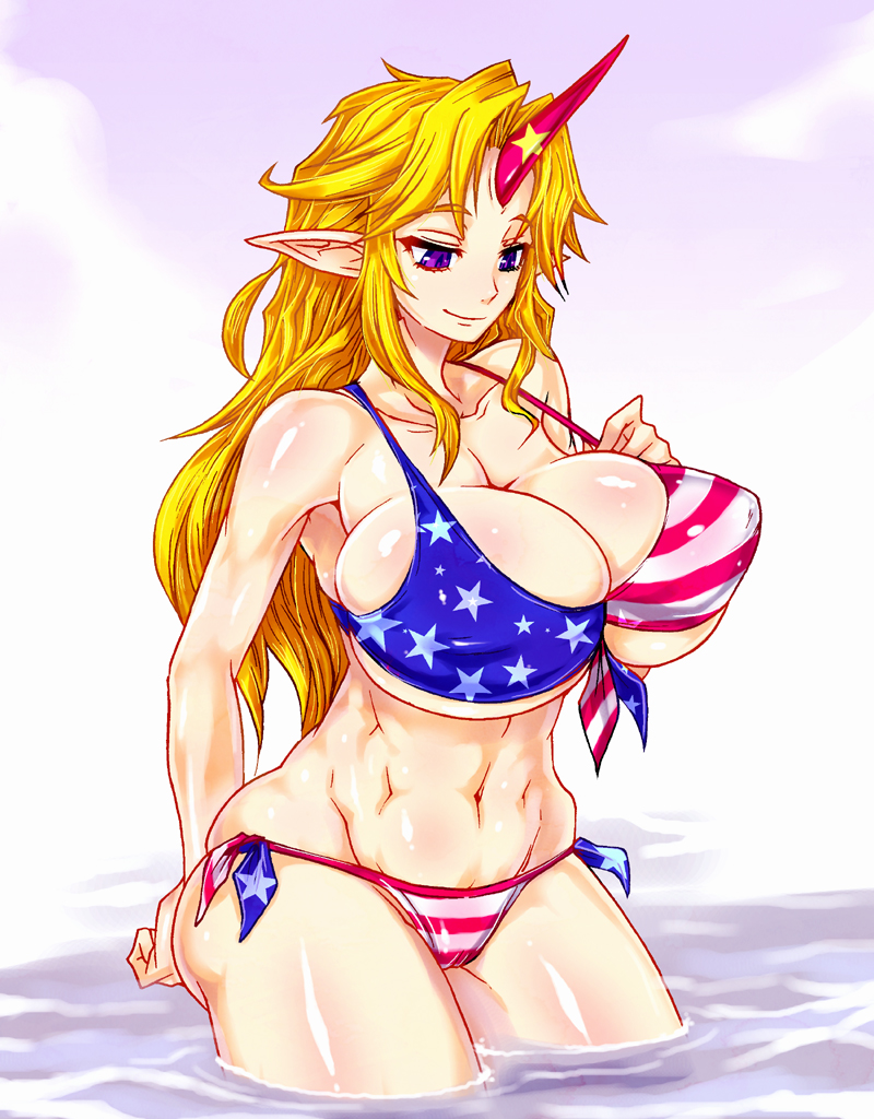 1girl, abs, american_flag, american_flag_bikini, american_flag_print, bare_shoulders, bikini, blonde_hair, breasts, cameltoe, female_focus, flag_print, flag_print_bikini, front-tie_top, horns, hoshiguma_yuugi, huge_breasts, in_water, long_hair, looking_down, navel, pointy_ears, print_bikini, purple_eyes, sentarou, side-tie_bikini_bottom, single_horn, smile, solo, strap_gap, string_bikini, swimsuit, touhou, underboob, united_states, wading, water
