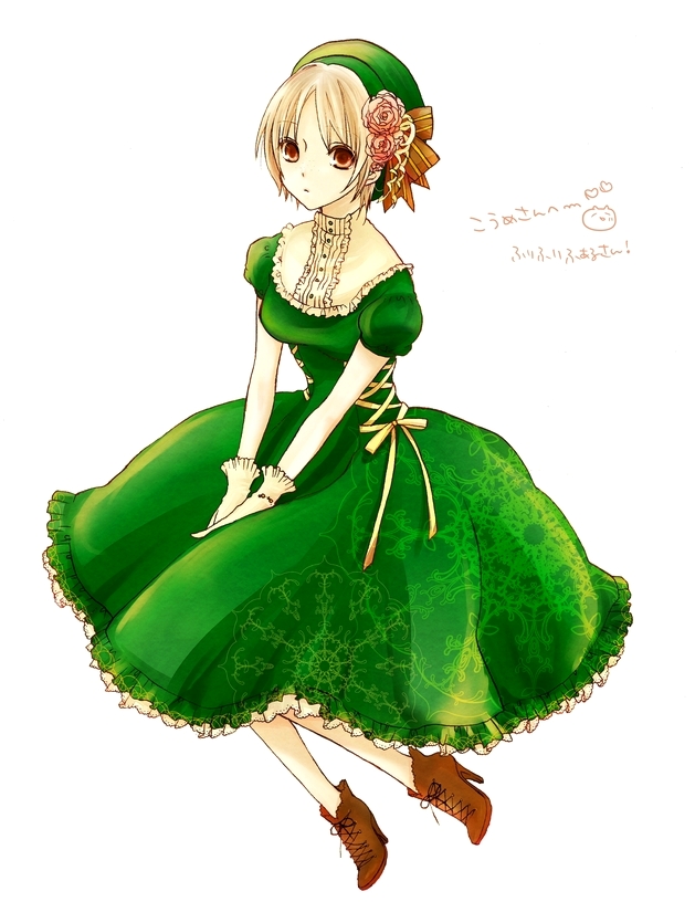 1girl, blonde_hair, brown_eyes, dress, female_focus, gender_request, genderswap, green_dress, hat, high_heels, ja'far_(magi), magi_the_labyrinth_of_magic, shoes, short_hair, solo, yuri_(yurihani)