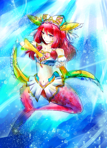 10s, bermuda_triangle, cardfight!!_vanguard, fins, gender_request, genderswap, gloves, hair_ornament, hair_ribbon, headset, long_hair, mermaid, microphone, monster_girl, pink_eyes, red_hair, ribbon, strapless, suzugamori_ren, top_idol_flores, tube_top, vanguard_ride