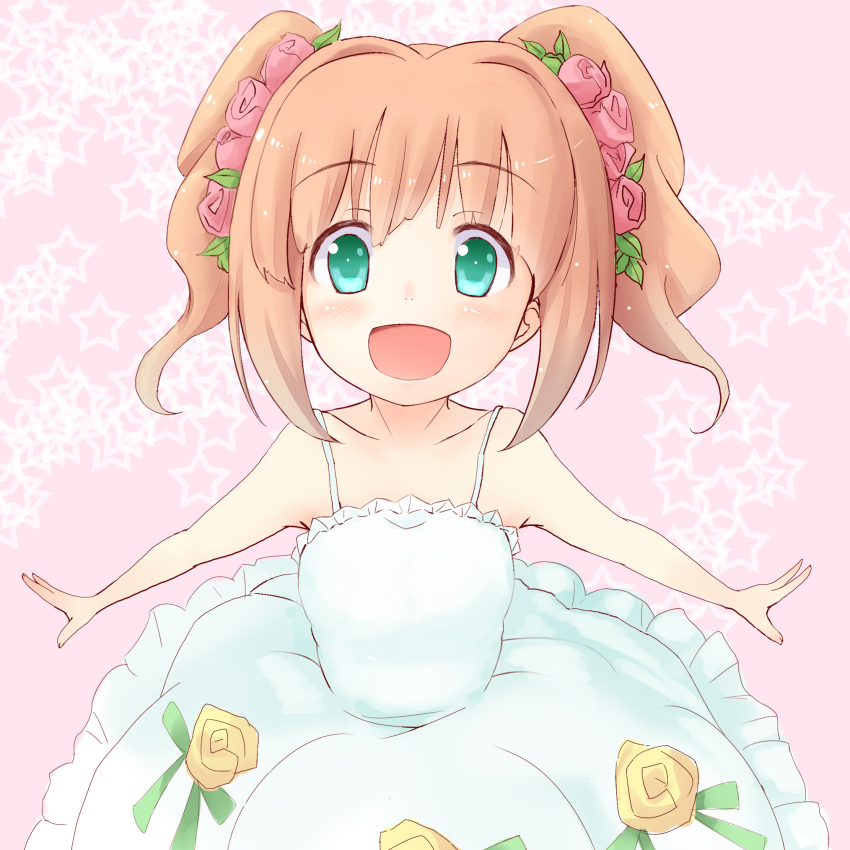 1girl, :d, aqua_eyes, bad_id, bad_pixiv_id, bare_shoulders, blush, brown_hair, collarbone, dress, female_focus, flower, hair_flower, hair_ornament, highres, idolmaster, idolmaster_(classic), looking_at_viewer, open_mouth, outstretched_arms, simple_background, smile, solo, takatsuki_yayoi, twintails, wakamizu, white_background, white_dress