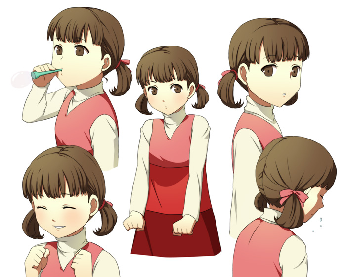 1girl, ^_^, atlus, bad_id, bad_pixiv_id, blowing, brown_eyes, brown_hair, reference_sheet, clenched_hands, closed_eyes, doujima_nanako, female_focus, hair_ribbon, koitsu_(blue), long_hair, persona, persona_4, ribbon, simple_background, skirt, smile, solo, twintails, white_background