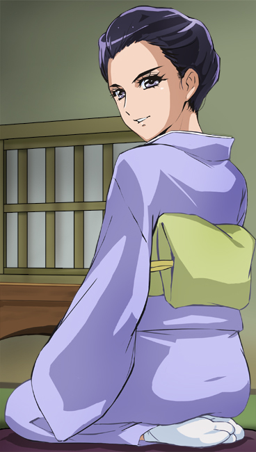 10s, aoki_shizuko, blue_eyes, blue_hair, cushion, from_behind, hair_up, haruyama_kazunori, japanese_clothes, kimono, looking_back, obi, precure, sash, seiza, sitting, smile, smile_precure!, solo, table, tatami, zabuton