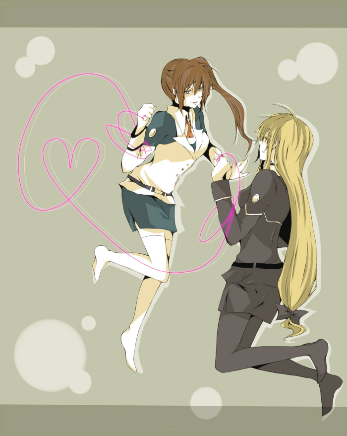 00s, 10s, 2girls, blonde_hair, breasts, brown_hair, eye_contact, fate_testarossa