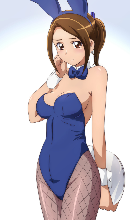 10s, 1girl, alternate_costume, animal_ears, arm_behind_back, bad_id, bad_pixiv_id, bare_shoulders, blue_bow, blue_bowtie, blue_leotard, blush, bow, bowtie, breasts, brown_eyes, brown_hair, cleavage, clenched_hand, closed_mouth, cowboy_shot, detached_collar, earrings, fake_animal_ears, fake_tail, female_focus, fishnet_pantyhose, fishnets, from_side, gradient_background, hair_ornament, hairband, hand_on_own_cheek, hand_on_own_face, high_ponytail, highleg, highleg_leotard, holding, jewelry, large_breasts, leotard, looking_at_viewer, mature_female, oimanji, pantyhose, playboy_bunny, ponytail, precure, rabbit_ears, rabbit_tail, sasaki_namie, short_hair, short_ponytail, sideboob, sidelocks, smile_precure!, solo, strapless, strapless_leotard, swept_bangs, tail, tray, white_background, wrist_cuffs