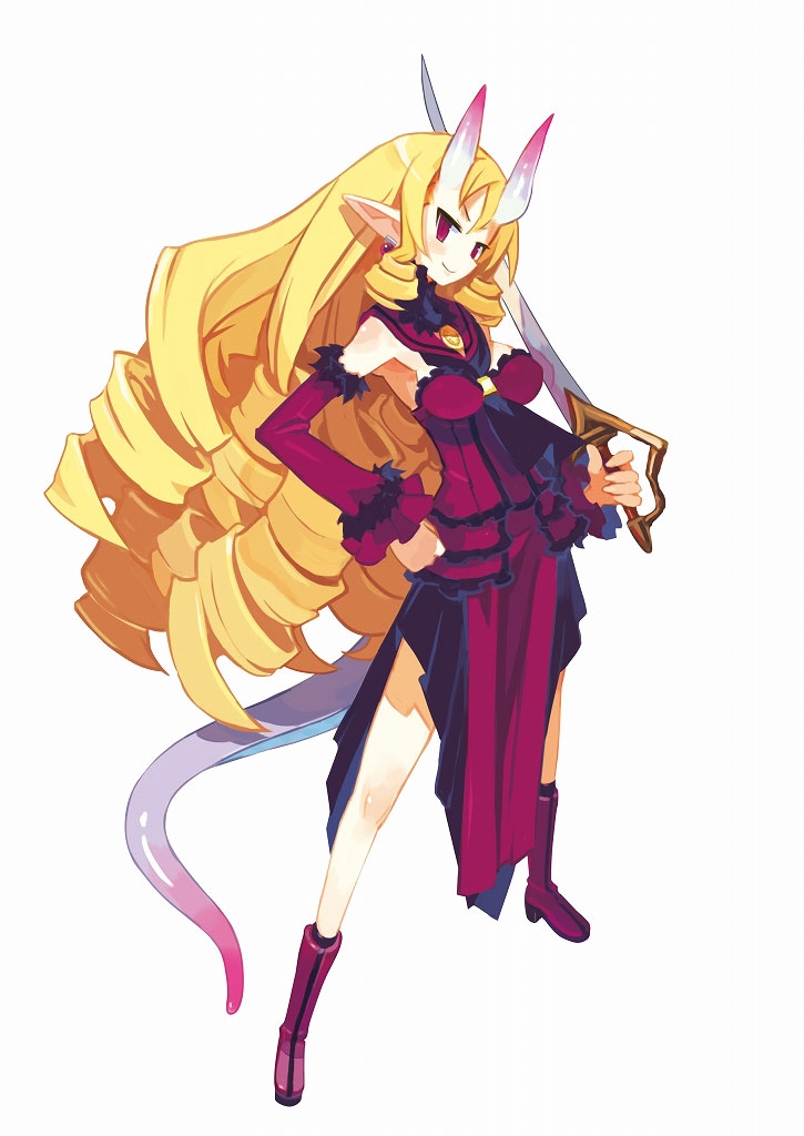 1girl, blonde_hair, boots, curly_hair, disgaea, dress, drill_hair, earrings, female_focus, full_body, hand_on_own_hip, harada_takehito, horns, jewelry, long_hair, makai_senki_disgaea_3, official_art, pointy_ears, simple_background, smile, solo, standing, stella_grossular, sword, tail, weapon, white_background