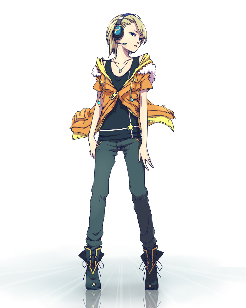 androgynous, blonde_hair, gender_request, hanaji, headset, highres, hood, hooded_jacket, imone_run, jacket, jewelry, necklace, pants, solo, utau