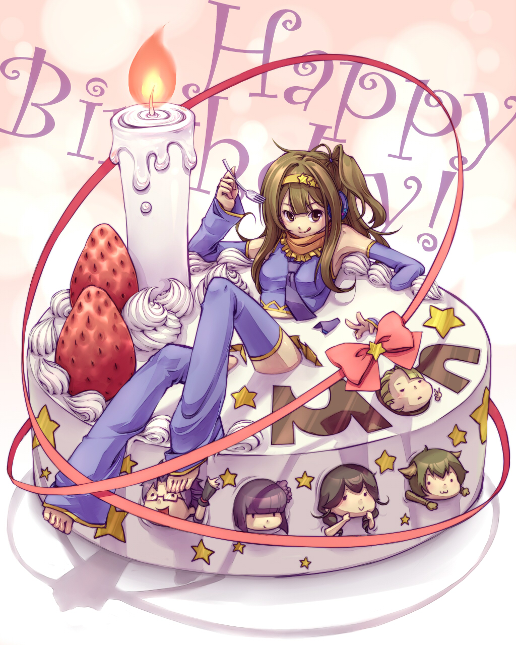 1boy, 5girls, akane_kii, blush, brown_hair, cake, candle, cream, detached_pants, fire, food, fruit, full_body, hanaji, highres, imone_run, in_food, mini_person, minigirl, mirine_mon, multiple_girls, partially_submerged, red_ribbon, ribbon, rorine_komu, strawberry, text_focus, utau, wax